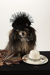 手绘戴帽子背景图片_一只戴帽子的狗被放在一个带有空标志的碗旁边