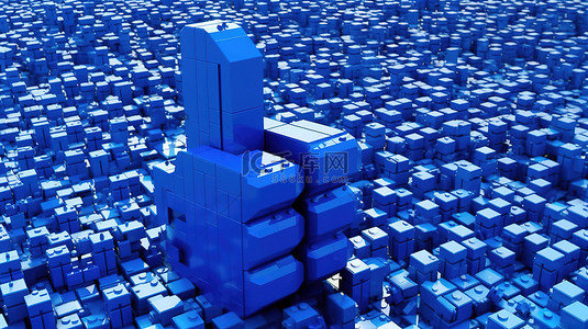 拇指生煎包背景图片_3D 渲染立方像素化蓝色拇指块的极端特写