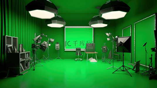 绿屏工作室的鸟瞰图，带有 3D 渲染的灯箱和柔光箱