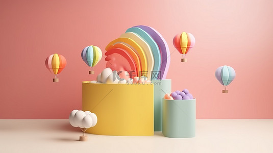 产品展台展示与彩虹云热气球和 3D 渲染中的星星