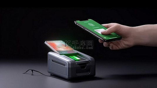 信用卡app图标背景图片_通过智能手机上的二维码扫描在刷卡机上成功付款 3D 渲染视觉