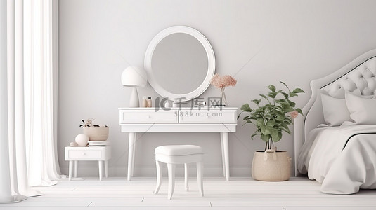 软的背景图片_优雅的卧室梳妆台圆镜白色梳妆台和软椅3D渲染