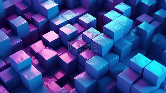 蓝色和紫色色调的纹理立方体近距离和抽象渲染在 3D 中