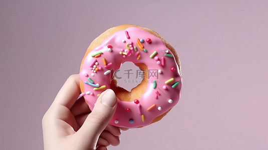 蛋糕菜单背景图片_白色背景上手握的粉色甜甜圈的卡通风格 3D 插图