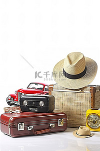 复古黑色手提箱草帽黄色收音机玩具车和复古收音机