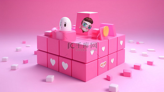 粉红色背景社交媒体用户个人资料，带有聊天框和 3D 渲染中的朋友列表
