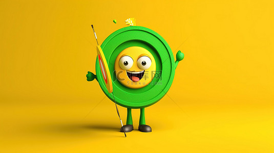 绿色垃圾箱角色吉祥物的 3D 渲染，带有回收标志和射箭目标，其特点是飞镖在充满活力的黄色背景上击中靶心