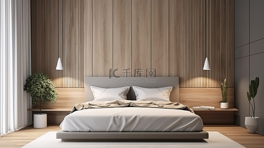现代 3d 卧室，配有内置床和双层墙的木制床头板