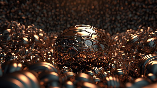具有金属背景纹理表面和复杂图案挤压的球形 3D 渲染