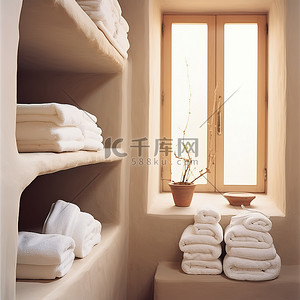 浴室的架子上放着毛巾，还有窗户