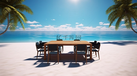 热带海滩会议田园诗般的会议桌的 3d 渲染