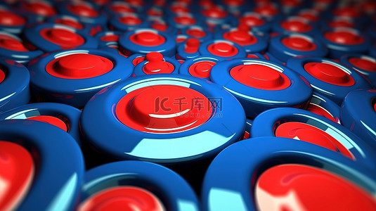 蓝色和红色色调同心圆的抽象 3D 渲染