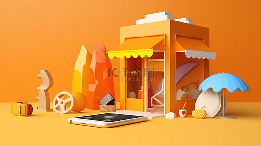 购物商城科技背景图片_橙色背景和独特元素的 3D 渲染海滩主题智能手机店