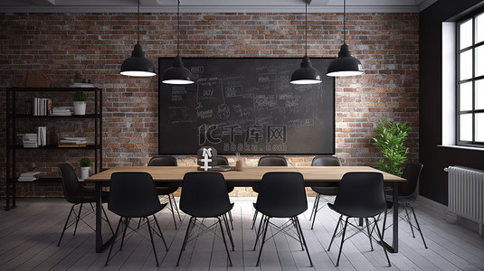 大会议背景图片_会议室配有砖墙桌和椅子，配有空白黑板3D 渲染