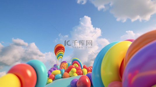 3d儿童彩虹背景图片_柔和的气球彩云和彩虹螺旋在蓝天渲染 3d