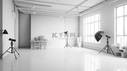 舞台背景聚光灯背景图片_白色背景工作室内部配有 3D 渲染的空白空间和摄影设备