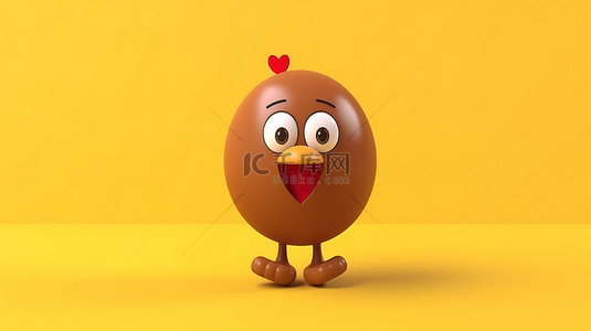 黄色背景的 3D 渲染，棕色鸡蛋角色吉祥物拿着一颗红心