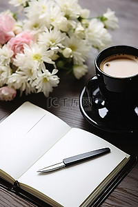 国潮计划背景图片_计划者坐在咖啡和鲜花的顶部