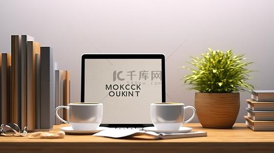 家庭办公室模型空电脑屏幕咖啡杯和工作公园办公桌前视图上的书