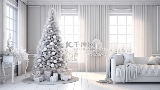 斯堪的纳维亚农舍风格现代室内装饰的 3D 渲染插图，客厅里有圣诞树