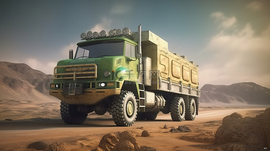 绿色皮卡车背景图片_坚固的绿色卡车的 3D 插图，配备用于在偏远地区进行持久冒险