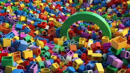 圆形框架的 3D 渲染，彩色玩具砖随机排列