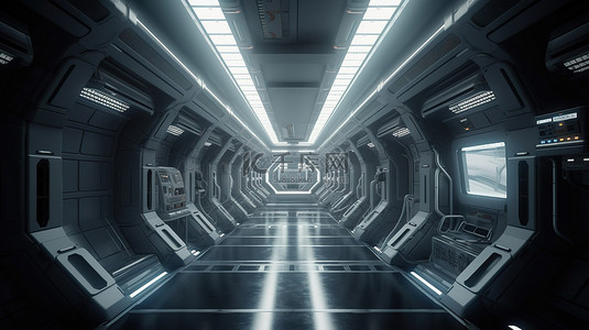 设计未来背景图片_使用 3D 渲染设计未来派太空飞船内部