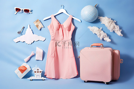 比基尼女生背影背景图片_粉红色的衣服和行李