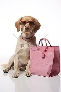 戴着眼镜的狗坐在购物袋旁边的白色背景