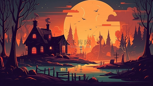 月亮夜晚背景背景图片_万圣节房屋月亮卡通背景
