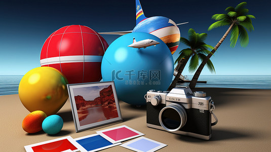 旅行必需品 3D 飞机手提箱 沙滩球相机和照片