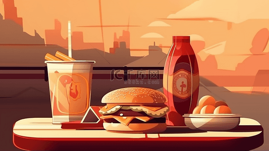 美食插画背景背景图片_汉堡饮料早餐插画背景
