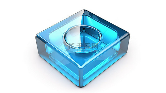 孤立的白色背景，方形按钮键上带有 3D 渲染的蓝色放大镜图标