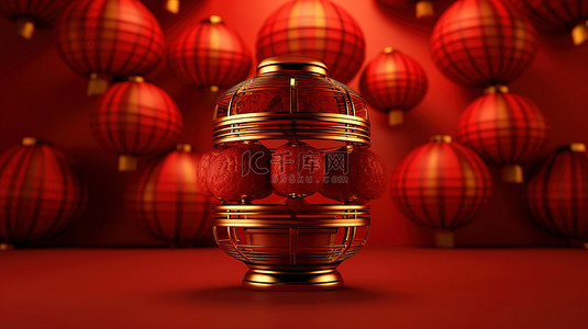 3d 渲染红色背景与中国灯笼庆祝中国新年快乐