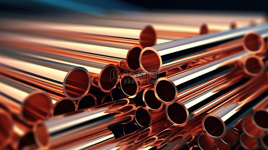 3d金属质感背景图片_钢铁行业中的堆叠铜管和轧制金属制品 3D 插图