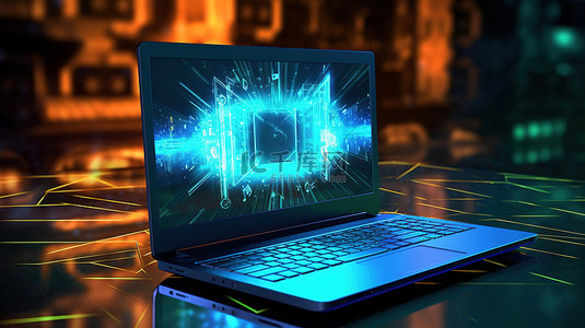 笔记本电脑背景图片_数字背景上的 3D 渲染笔记本电脑说明了技术概念被黑客攻击的系统