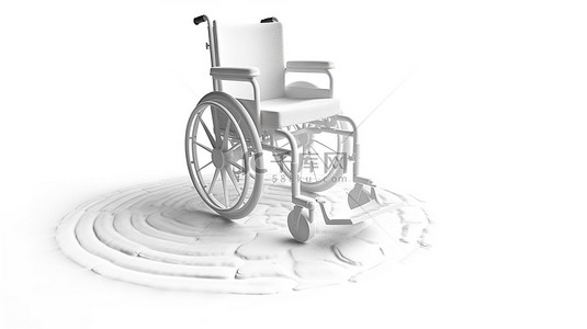 空白背景下白色轮椅的粘土风格 3D 渲染