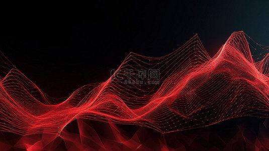 计算机生成的具有相互连接的多边形形状虚线和红色流波的抽象波背景