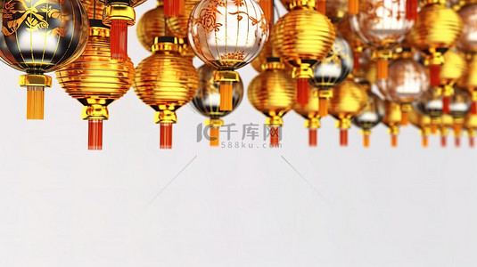 元宵节白色背景图片_金虎装饰 3D 渲染的中国灯笼，白色背景，非常适合横幅和标题