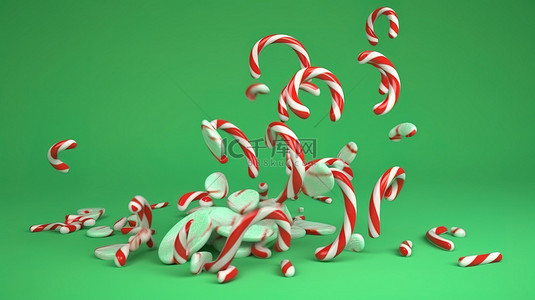 旋转红色背景图片_薄荷糖棒落在绿色背景上并带有旋转焦糖的慢动作 3d 渲染