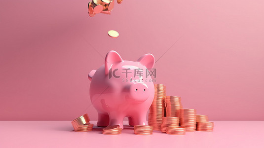 浅粉色背景背景图片_浅粉色背景，带有成堆的金币和 3d 渲染的粉红色存钱罐