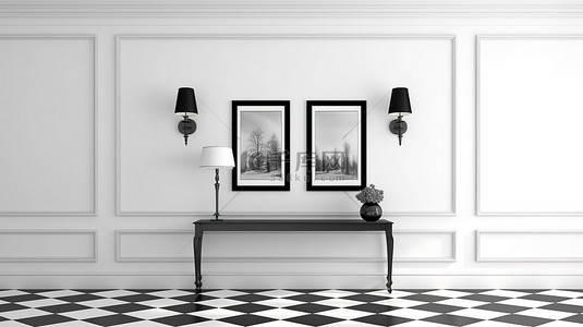 时尚墙上背景图片_3D 渲染中白墙上带有时尚黑色框架的当代走廊模型