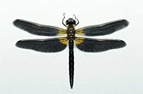 一只长腿蜻蜓坐在白色背景上