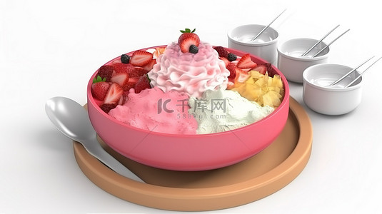 日式木托盘背景图片_白色背景上带有孤立草莓冰苏刨冰的托盘的卡通风格 3D 渲染
