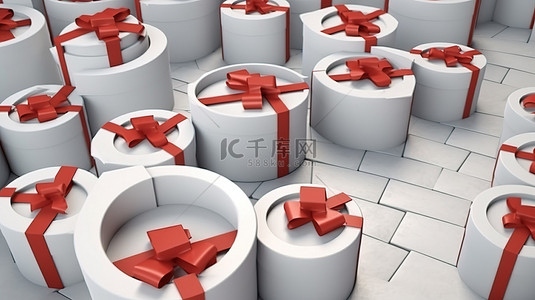 圆形排列的白色礼品盒的俯视图，上面装饰着红丝带和采用 3D 渲染技术创建的背景