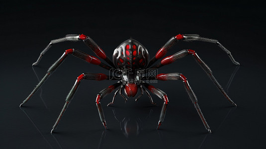 恐怖黑背景图片_黑蜘蛛悬挂着复杂的红色皮肤，非常适合恐怖万圣节蜘蛛和昆虫灵感设计从后面 3D 渲染