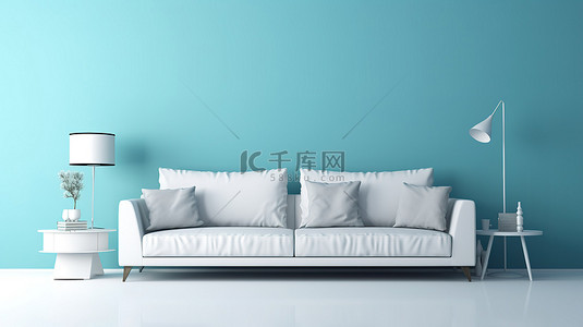 当代客厅设计，白色沙发搭配宁静的蓝色墙壁，由我捕捉和渲染