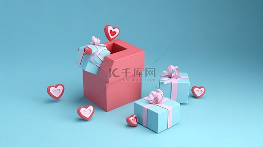 用社交媒体图标和蓝色背景 3D 渲染上的心形礼品盒庆祝情人节