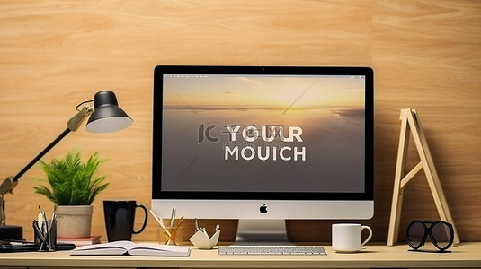 电脑icon背景图片_时髦风格桌面上显示器模型的 3D 渲染，具有时尚的办公室装饰