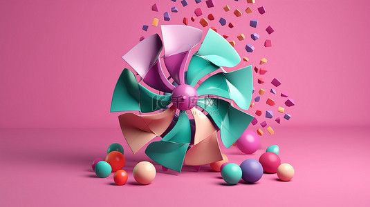 彩色的风车背景图片_粉红色背景上被充满活力的球包围的纸涡轮机的彩色 3D 渲染